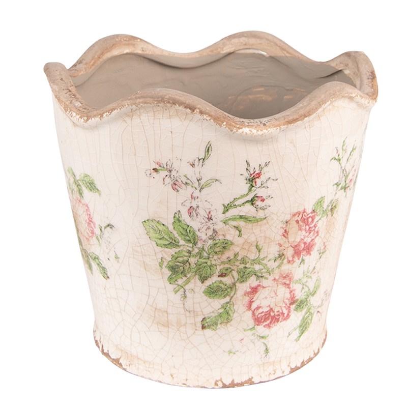 Macetero decorativo Ø 16x14 cm · flores, rosa y beige — La Reineta
